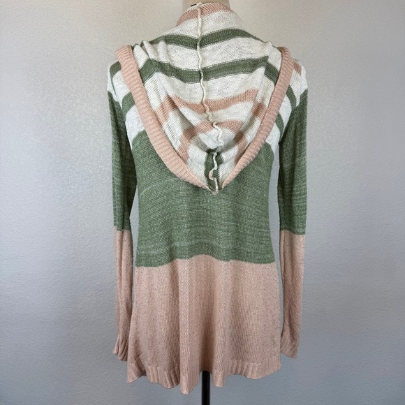 Rue‎ 21 Y2K Women's Hooded Cardigan Sweater Green Pink Stripe Open Long Sleeve - Picture 4 of 5
